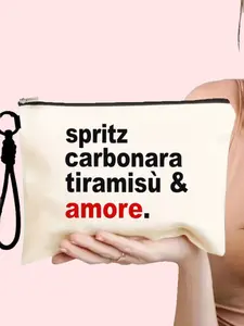 Cosmetic Travel Bag Set, Canvas Makeup Pouch with Detachable Wrist Strap, Large Capacity, Italian Food Quotes Pattern, Ideal Gift