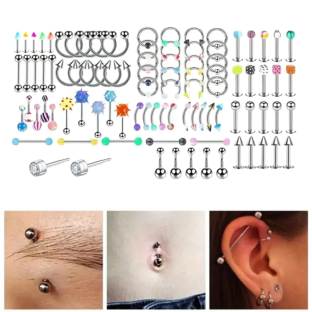 90Pcs Multi‑Style Piercing Jewelry, Labret Stud Curved Barbell L‑Nose Stud C‑Hoop Spike & Color Ball Decor