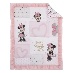 Disney Minnie Mouse My Happy Place Pink, Black, Gray, and White 3 Piece Nursery Crib Bedding Set - Comforter, 100% Cotton Fitted Crib Sheet, and Crib Skirt