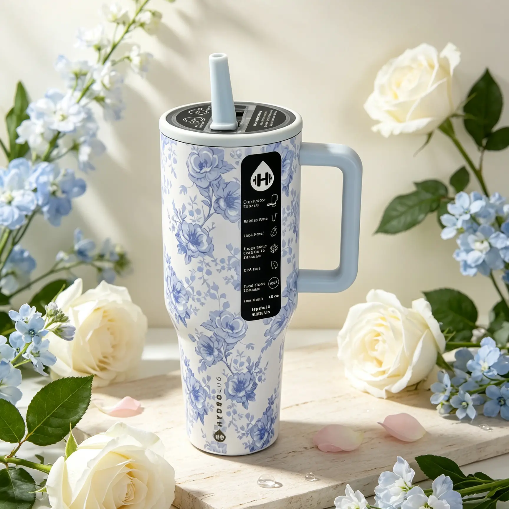 Blue Floral Porcelain Rose HydroJug 40oz Tumbler, Double Wall Vacuum Insulated Stainless Steel Mug with Straw Lid, Car Cup Holder Friendly Sports Water Cup for Daily Hydration