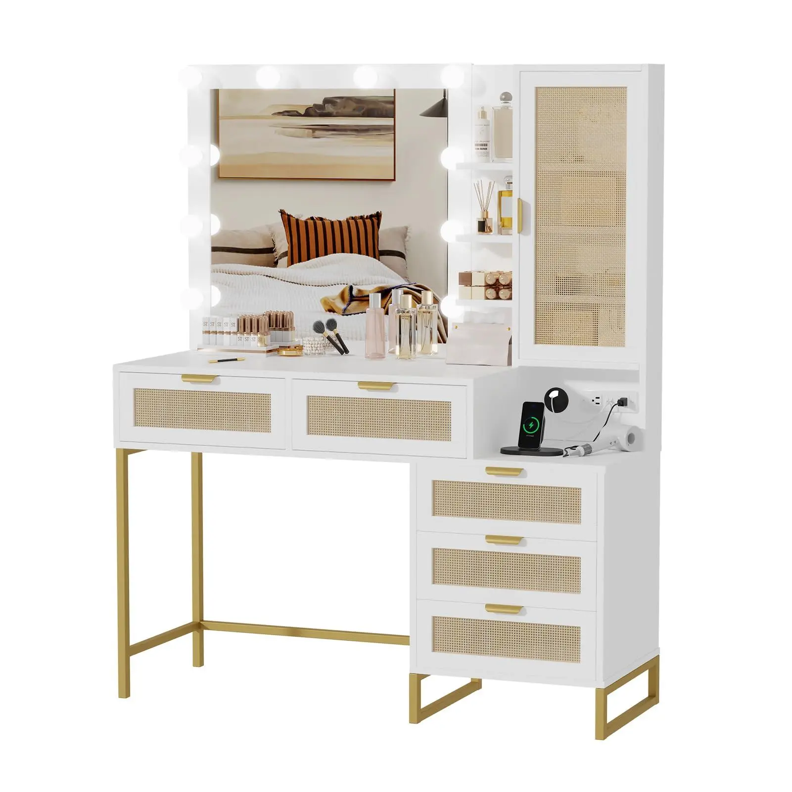 Modern vanity desk with lighted mirror, 5 drawers, 7 storage shelves, power outlets & USB, adjustable 3 lighting modes - makeup table for bedroom - white & gold - yellow rattan