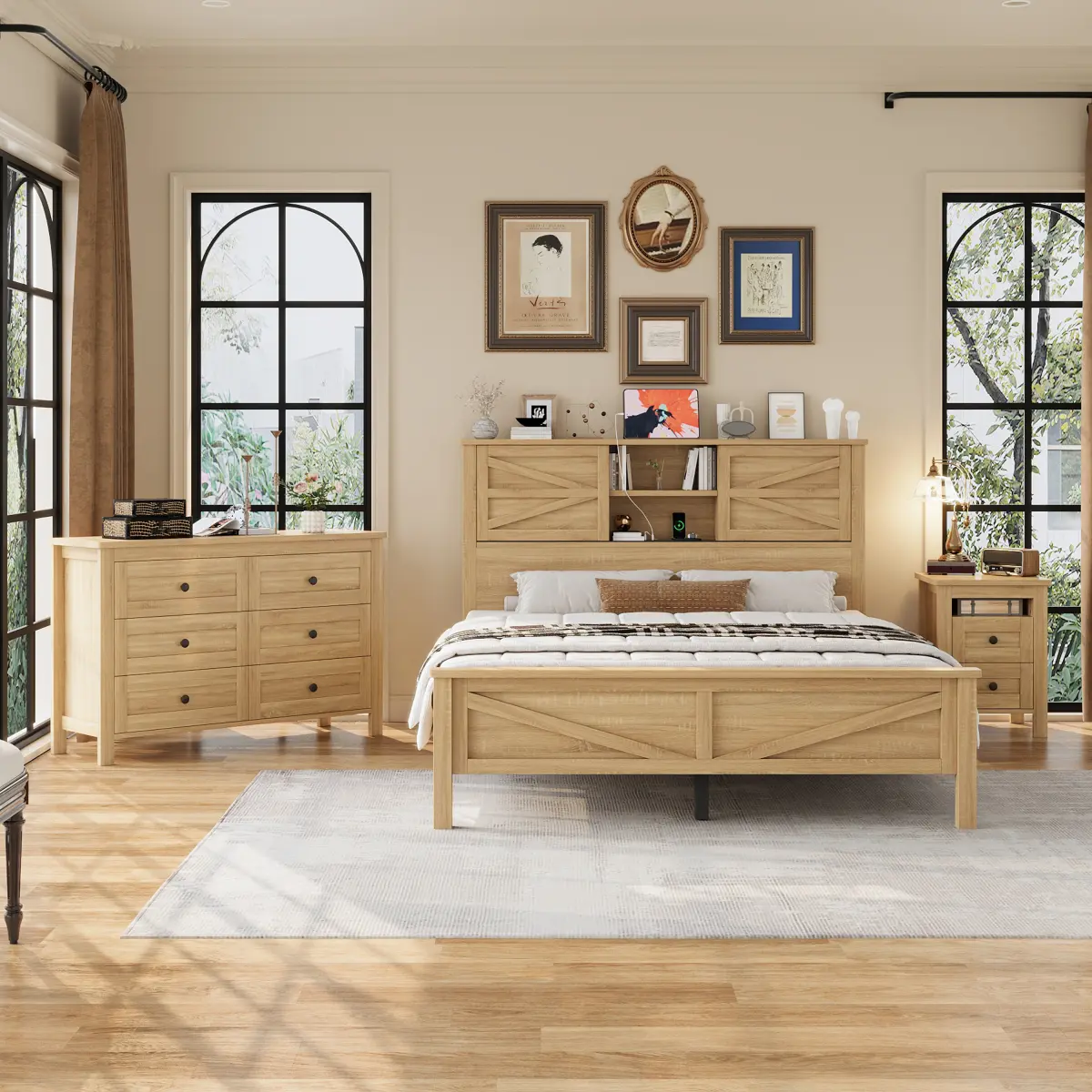 Modern Adults Bedroom Furniture 3-Piece Farmhouse Queen Size Platform Bed Set with Sliding Barn Door Headboard, Charging Station, Nightstand and 6-Drawer Wood Dresser, Natural, Modern Bedroom Set