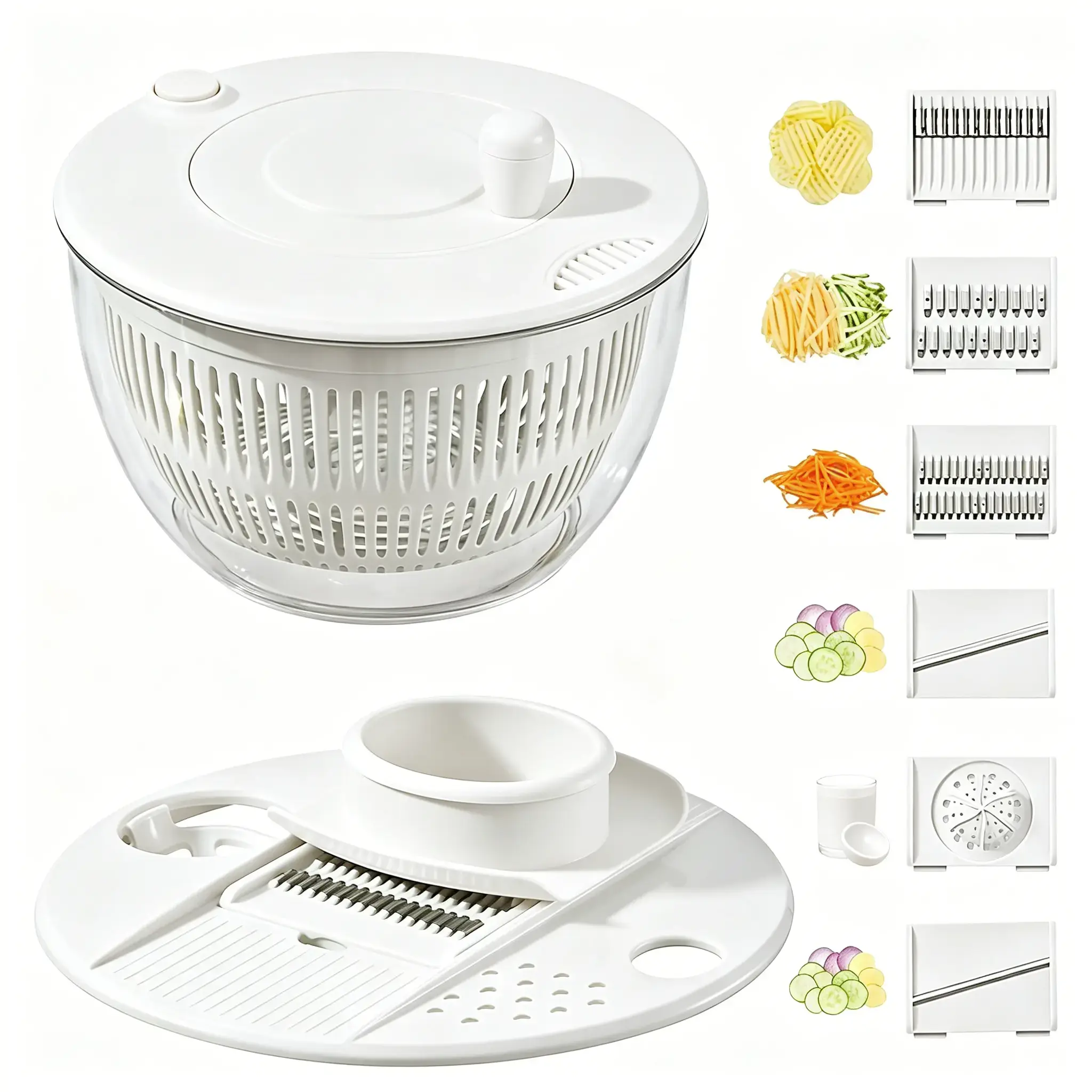Salad Spinner Large, 3 IN 1 Vegetable and Fruit Washing Bowl with Strainer, Lettuce Spinner with 5 Blades Slicer, Egg Yolk Strainer, Salad Bowl for Efficient Salad Preparation, 5.3 Qt Kitchen Gadgets Set#SummerWins#DFYD