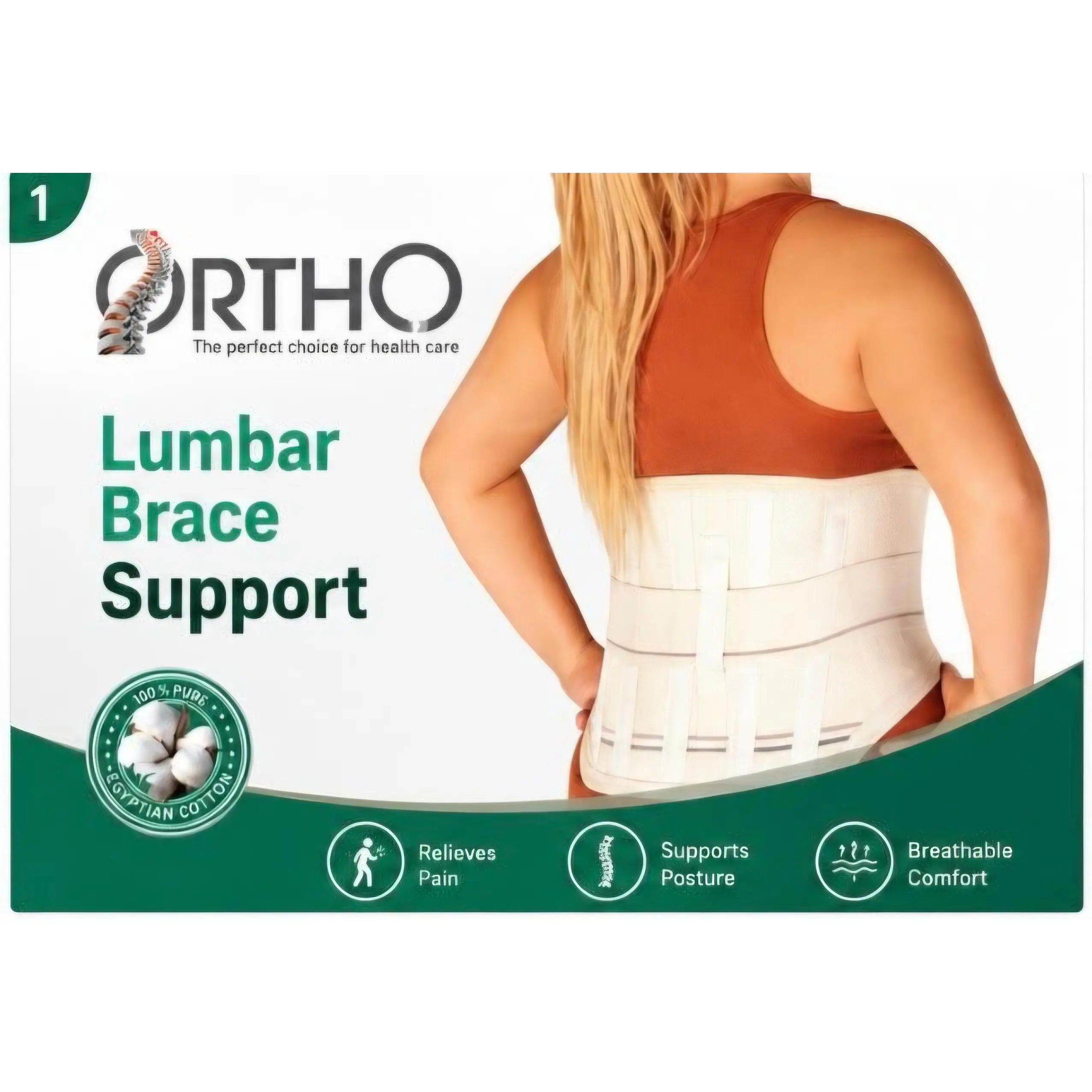 ORTHO Lower Back Support Brace - 100% Pure Egyptian Cotton Fiber, Prop 65 Safe, Relieves Pain, Improves Posture, Breathable Health Care Support Brace