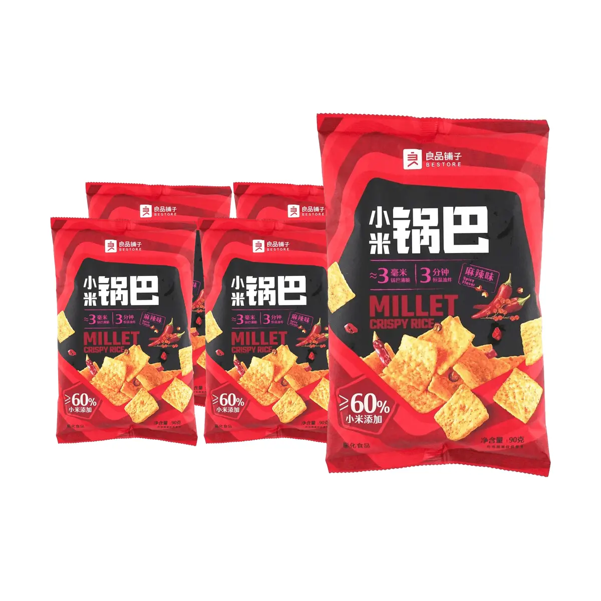 BESTORE Mi Guo Ba Spicy Flavor Rice Crackers 5-Pack (90g Each) - Authentic Chinese Snack