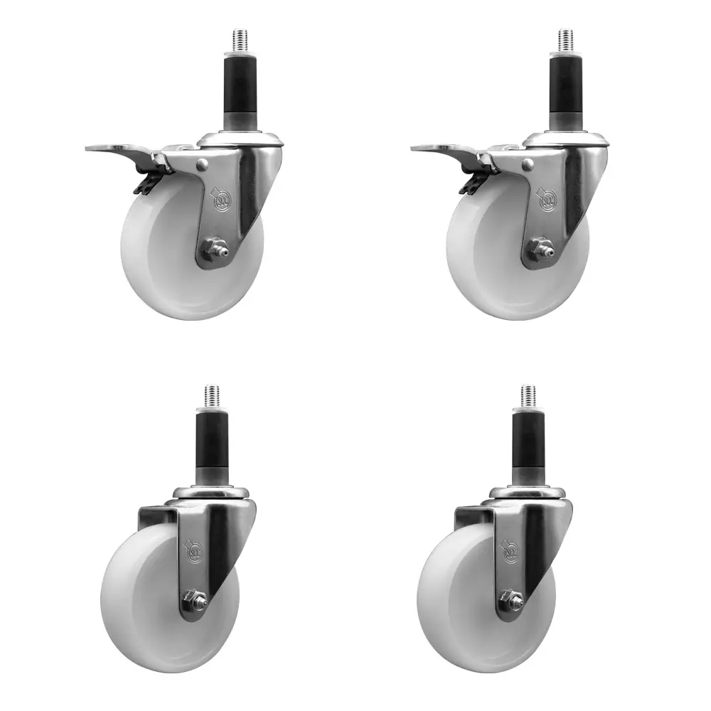 Service Caster SCC-EXTTL20S414-NYS-2-S-2-118 Nylon Swivel Expanding Stem Casters (Set of 4) - Series #20, 4 in. White Wheel, 1.13 in. Stems, 1200 lbs Capacity, Bright Zinc Plated Finish, Total Locking Brakes for Shop Projects, Work Tables, Service Caster