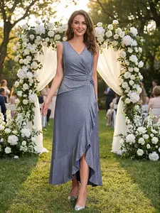 Women's Elegant Shimmer V-Neck Evening Dress Sleeveless Twist Front High Slit Ruffle Maxi Gown LE-LQ290