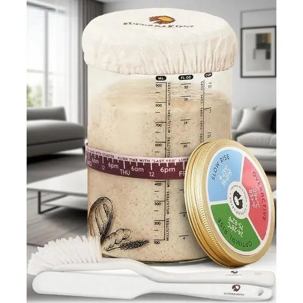 34oz Wide Mouth Transparent Sturdy Glass Jar with Airtight Metal Lid - Beginner Kitchen Bread Baking Sourdough Starter Kit, Guides & Recipes, Bake Utensils, Reusable Dough Container, BPA-Free Crock for Homemade Bread Adventure Use, Bakers