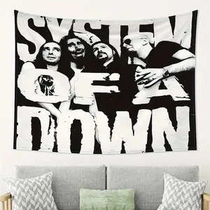 Tapestry Decor Decadent System Series Wall Hanging Tapestry - Black and White Band Decor with SYSTEM OF DOWN text, No Electricity Needed Horizontal Poster for Bedroom, Living Room, Dorm - Modern Industrial Chic Room Decoration