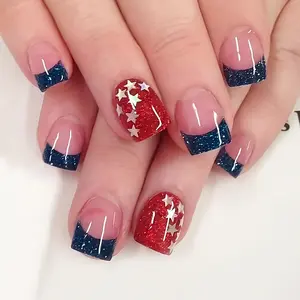 24pcs Luxurious Nail Stickers for Women Girls, Perfect for Dates Parties, American Flag Blue Glitter Design, French Manicure Style