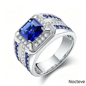 Men’s Bold Iced Out Statement Finger Ring, Smooth Polished Silver-Tone Alloy Wide Band Fully Micro Pave Inlaid with Shimmer Faux Cubic Zirconia, Central Square Cut Blue Simulated Stone Jewelry for Urban Hip Hop, Nightclub & Live Concert Occasions