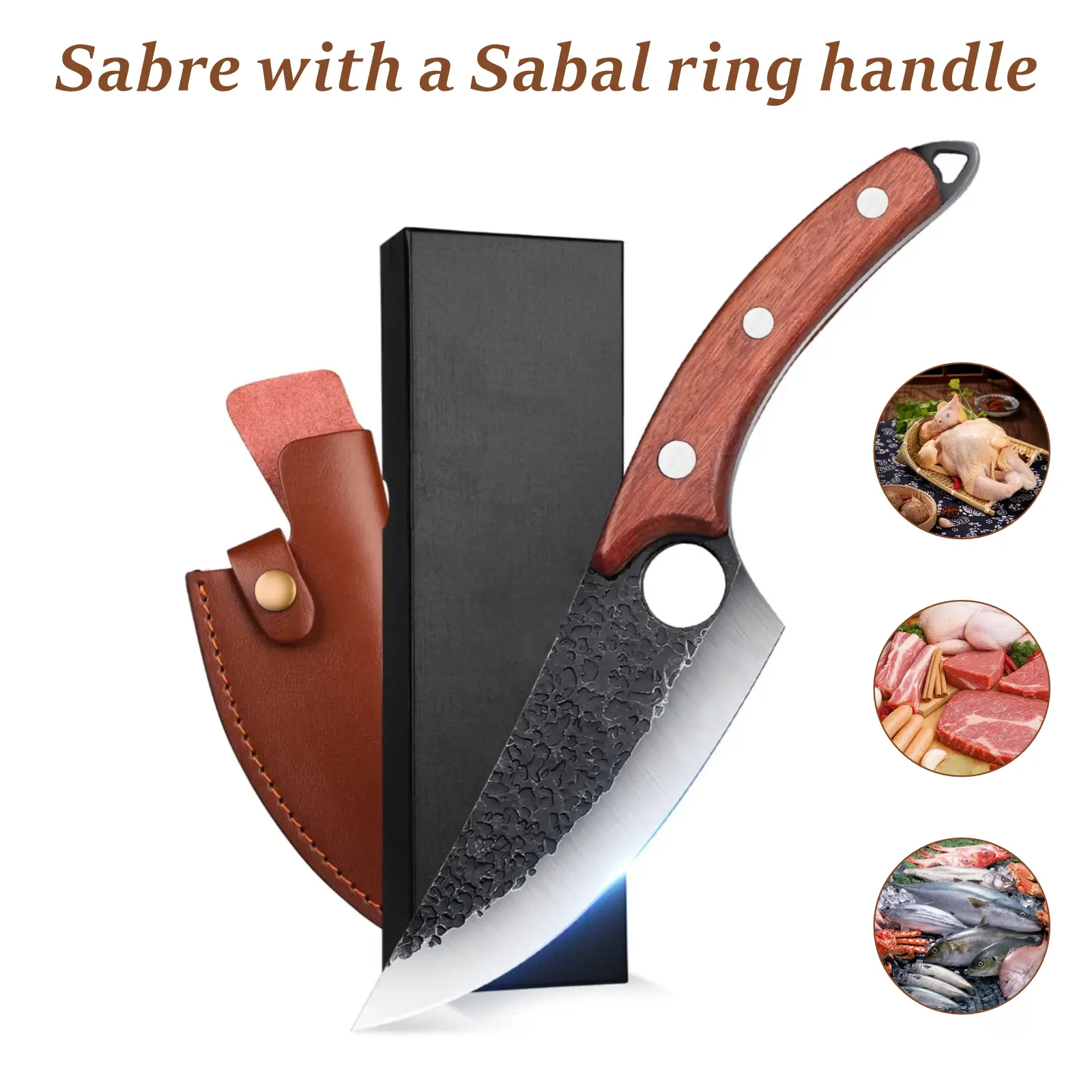 Men’s Handmade Craft Chef’s Knife - Forged Hammer-Textured, Curved Blade, Full Dragon Bone Curved Handle, Bold Viking Look - Leather Sheath, Elegant Gift Box - Ideal for Cutting Fish, Meat, Pro Use