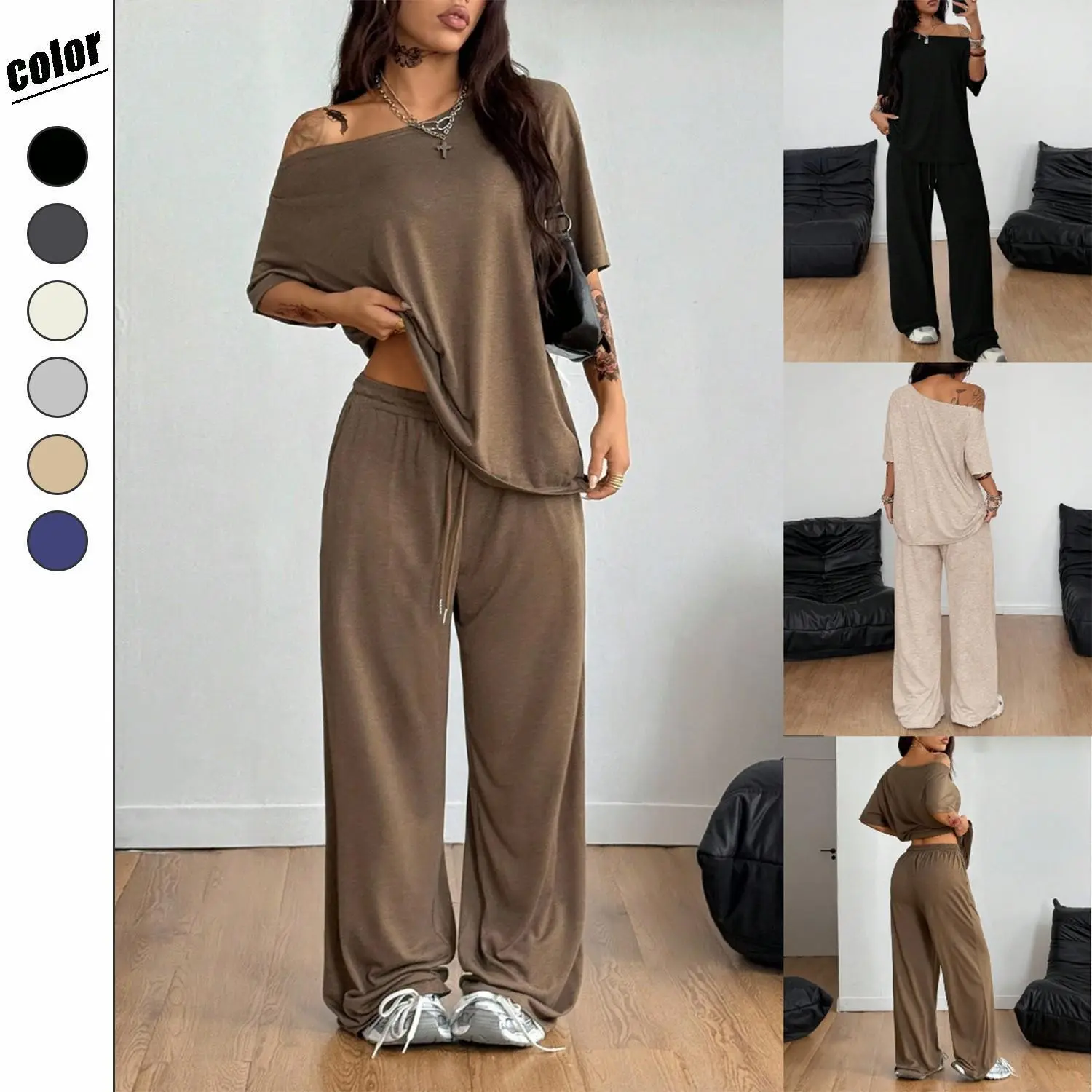 FEITAI Women's Casual 2 Piece Set Solid Color Wide Leg Pants Asymmetrical Collar Loose Fit Top Long Trousers Comfortable Fashion Sports Outfit