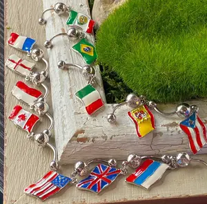Flag Belly Ring 316L Surgical Steel Pierced Navel Naval Patriotic Country CZ Gem