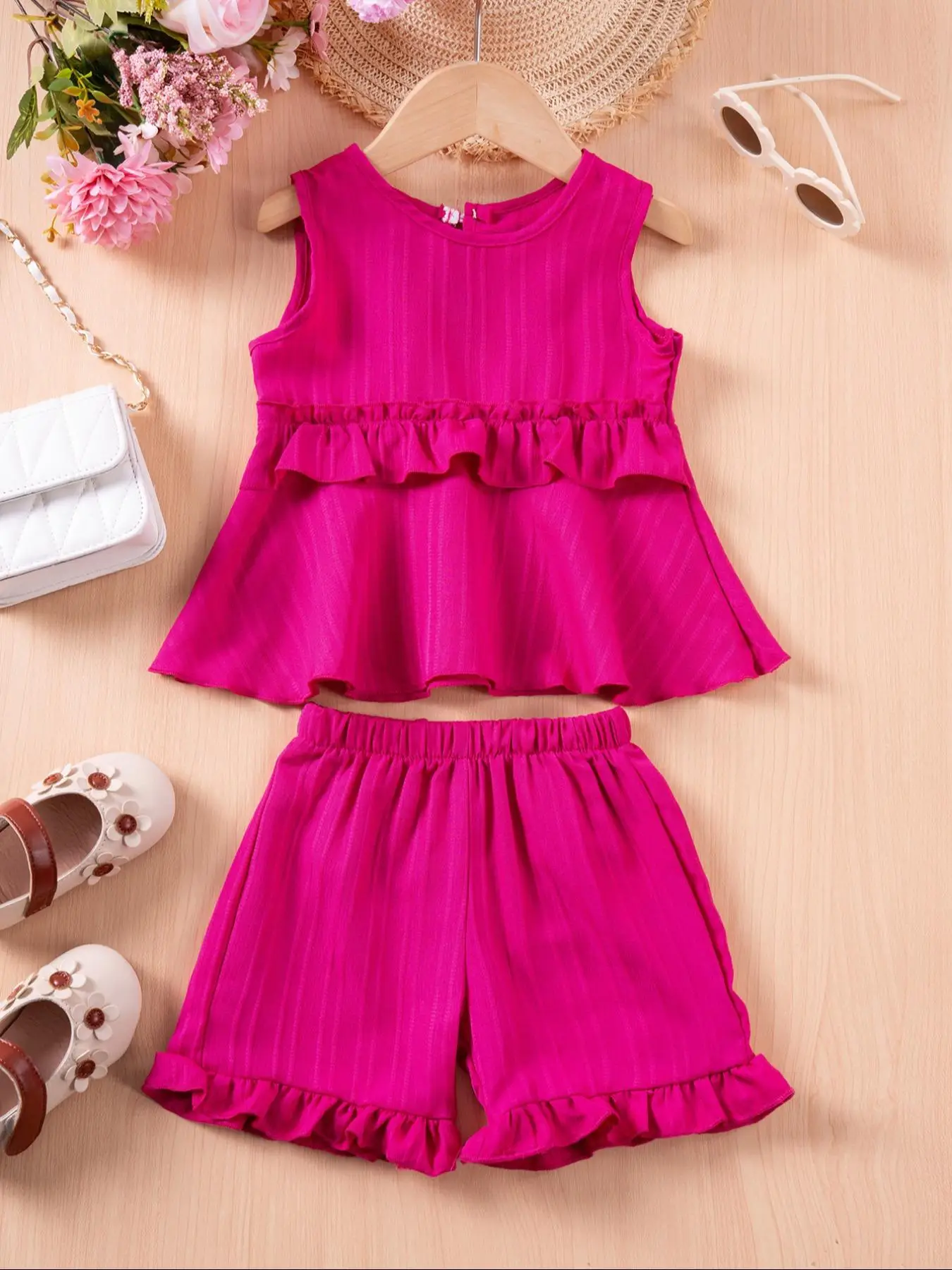 Toddler Girl's Textured Frill Ruffle Trim Two-piece Set, Sleeveless Keyhole Neck Tank Top & Elastic Waist Shorts, Casual Summer Outfits for Kids