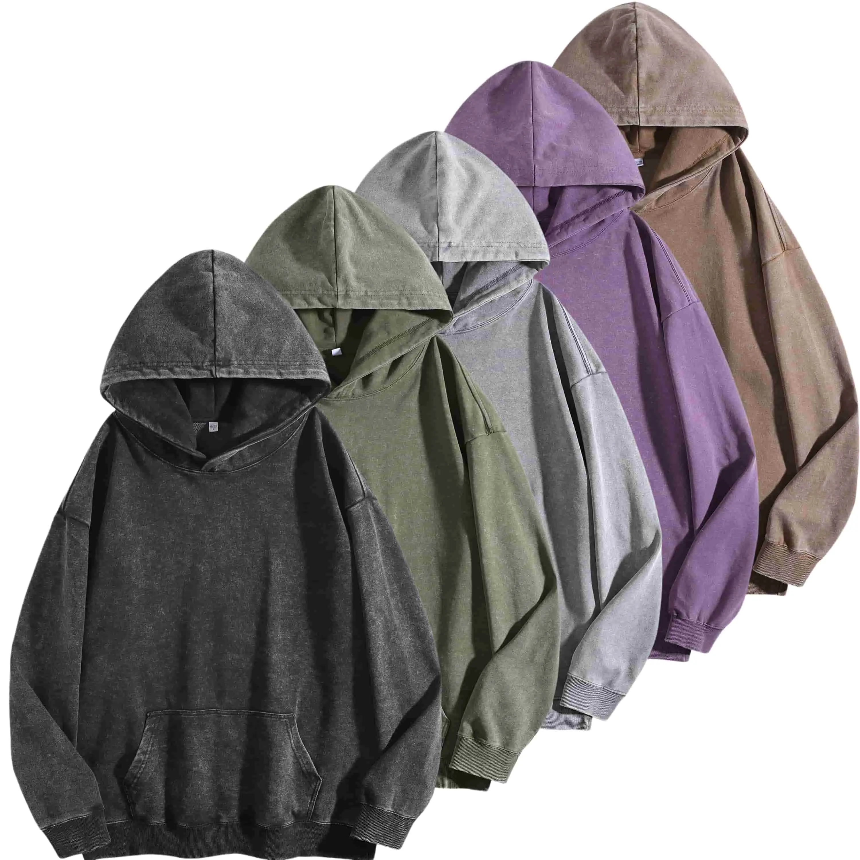 5-Pack Vintage Washed Hoodie 400g Heavyweight Casual Loose Fit Pullover Hooded Sweatshirt, Basic Solid Color Daily Wear For Men Women Streetwear