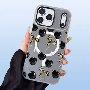 Black Cherry Leopard Print Bow Pattern Phone Case For iPhone 17 Air 16 Pro Max 15 Plus 14 13 12 11 Luxury Candy Color 2-in-1 Shockproof Magnetic Smartphone Case Matte Soft Cellphone Casing Cover
