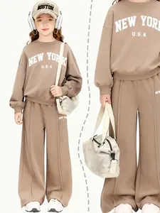 Girls' New York Letter Print Sweatshirt Set, American Casual Two-Piece, Loose-Fit Fall & Winter Suit