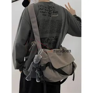 Men's Plain Canvas Crossbody Bag, Solid Color Trendy Versatile Crossbody Bag with Cartoon Charm, Large Capacity Daily Commuting Shoulder Bag for Work & School
