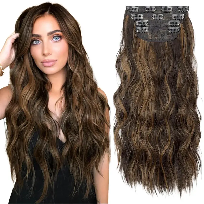 Sohochic AISI HAIR Clip-In Hair Extensions for Women 4PC Set 20in Wavy Synthetic Volumizing Pieces - Multi-Size Clips (2x5in, 6in 3-clip, 7in 4-clip) Black, Heat-Resistant Look, Easy Clip-On Blend-In Finish