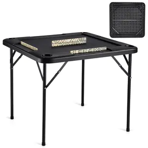 VEVOR Mahjong Table, Square 4 Player Folding Card Table with 4 Cup Holders & 4 Chip Trays, Portable Domino Game Table with 1 Set of Dominoes for Mahjong Poke Puzzles, 35.4 x 35.4-inch, Black