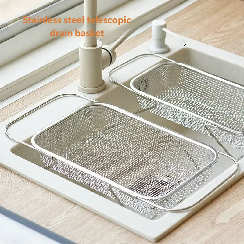 Mobo Japanese Stainless Steel Telescopic Drain Basket for Kitchen Sink, Extendable Dishwashing Accessory for Vegetable Washing, Dishwasher Storage & Utensil Organization