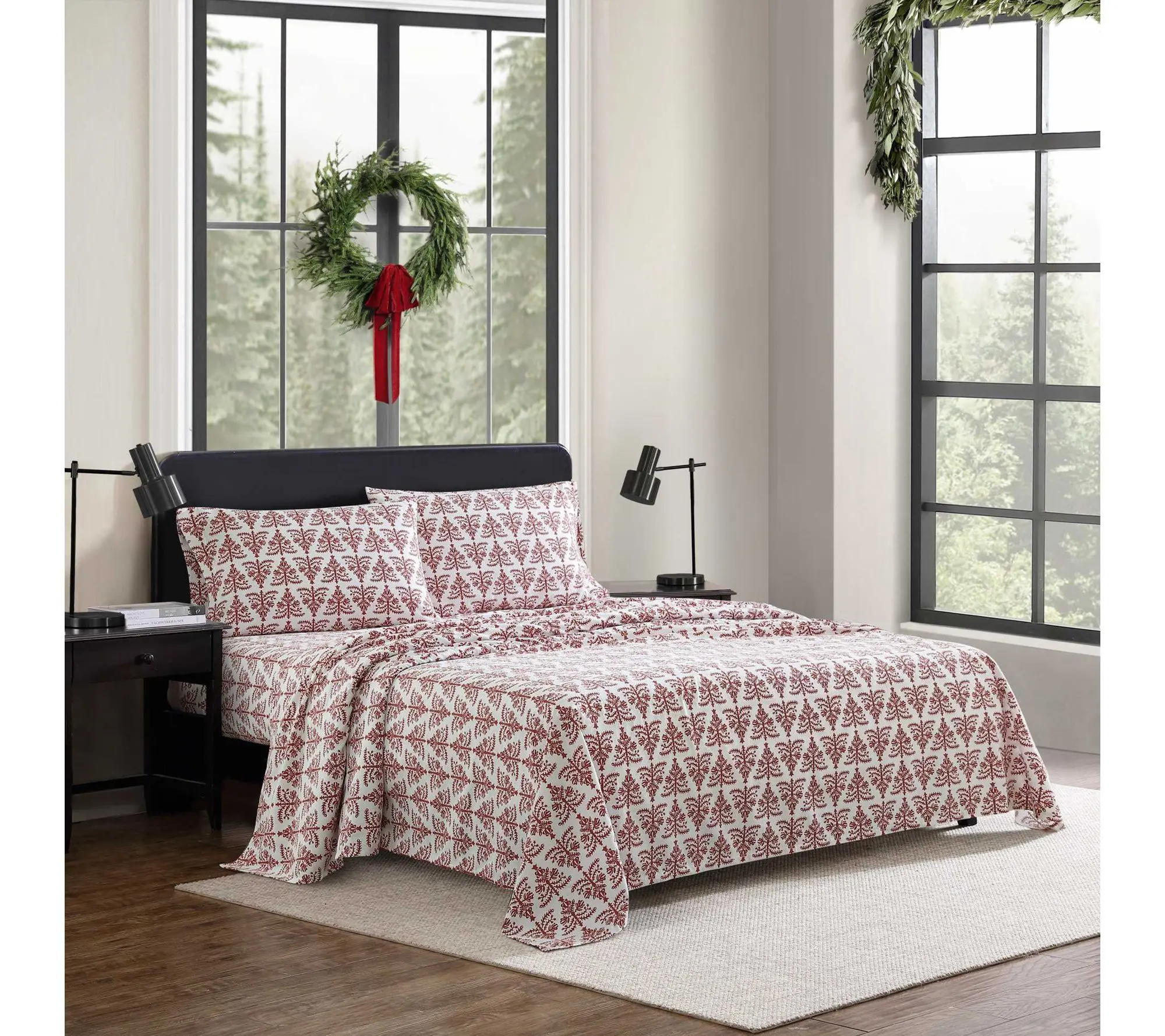 Eddie Bauer Jol ly Trees Red Co tton Flannel Ki ng Sheet Set