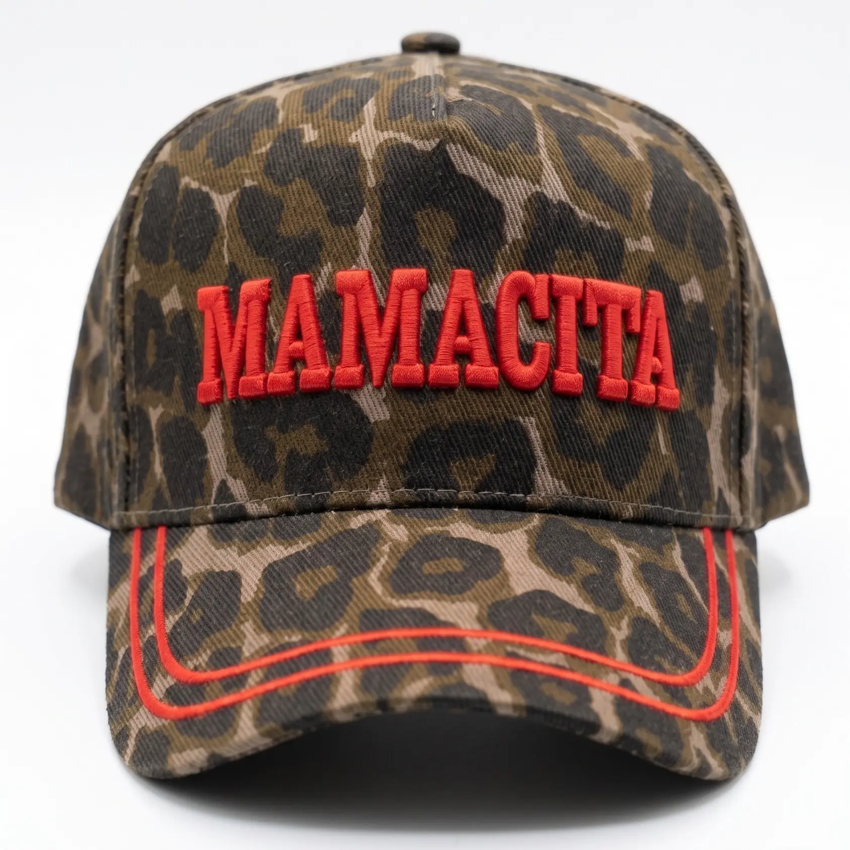 Mamacita Leopard Vintage Trucker Hat with Red Stripe Bill, 3D Puff Embroidery, Unisex Adjustable Snapback Hat, Casual Everyday Cap (KENZ KUSTOMZ)