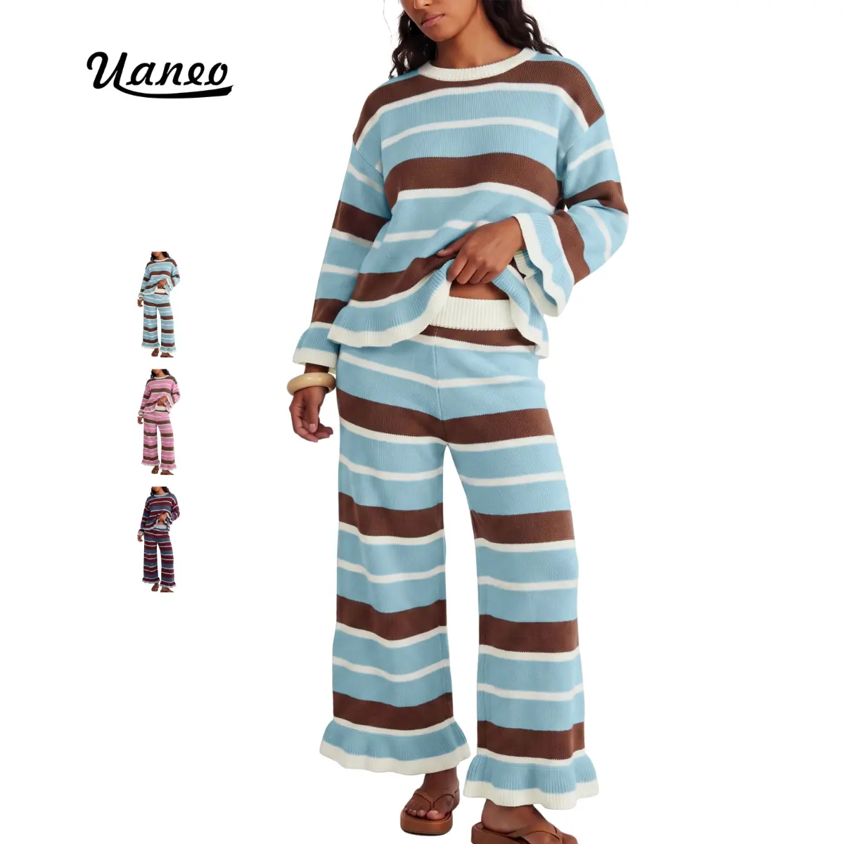 UANEO Women's 2 Piece Striped Knit Co‑ord Set Ruffle Hem Long Sleeve Crew Neck Sweater High Waist Wide‑Leg Pants Casual Matching Tracksuit