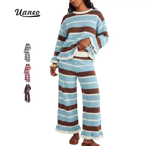 UANEO Women's 2 Piece Striped Knit Co‑ord Set Ruffle Hem Long Sleeve Crew Neck Sweater High Waist Wide‑Leg Pants Casual Matching Tracksuit