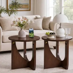 Solid Wood End Table 19.7x19.7x19.7 in Walnut Round Side Table for Living Room Bedroom Nightstand Accent Table with U-Shaped Base Minimalist Decor Table, Walnut Color Options, Solid Wood Material, Product Weight: 24.20 lb, Color: Walnut