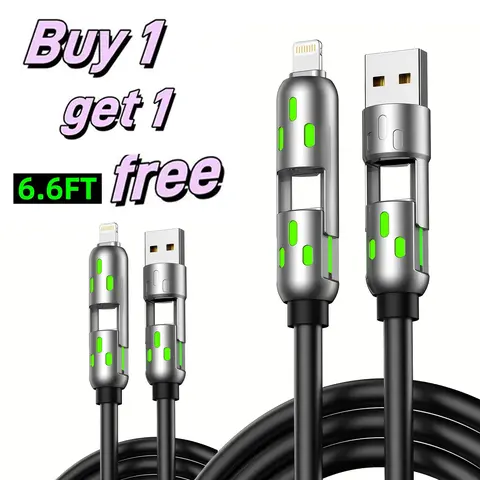 [Buy 1 Get 1 Free]6.6ft 4-in-1 Fast Charging Cable 65W | Multi Charger with USB A Type C Lightning Breathing Light Data Sync for iPhone 16/15 iPad Pro