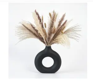 Black Donut Vase Hollow Ceramic Vase for Flowers Handmade Minimalist Boho ins Style Modern Home Decor for Wedding Dinner Table Party Living Room Office Bedroom（M