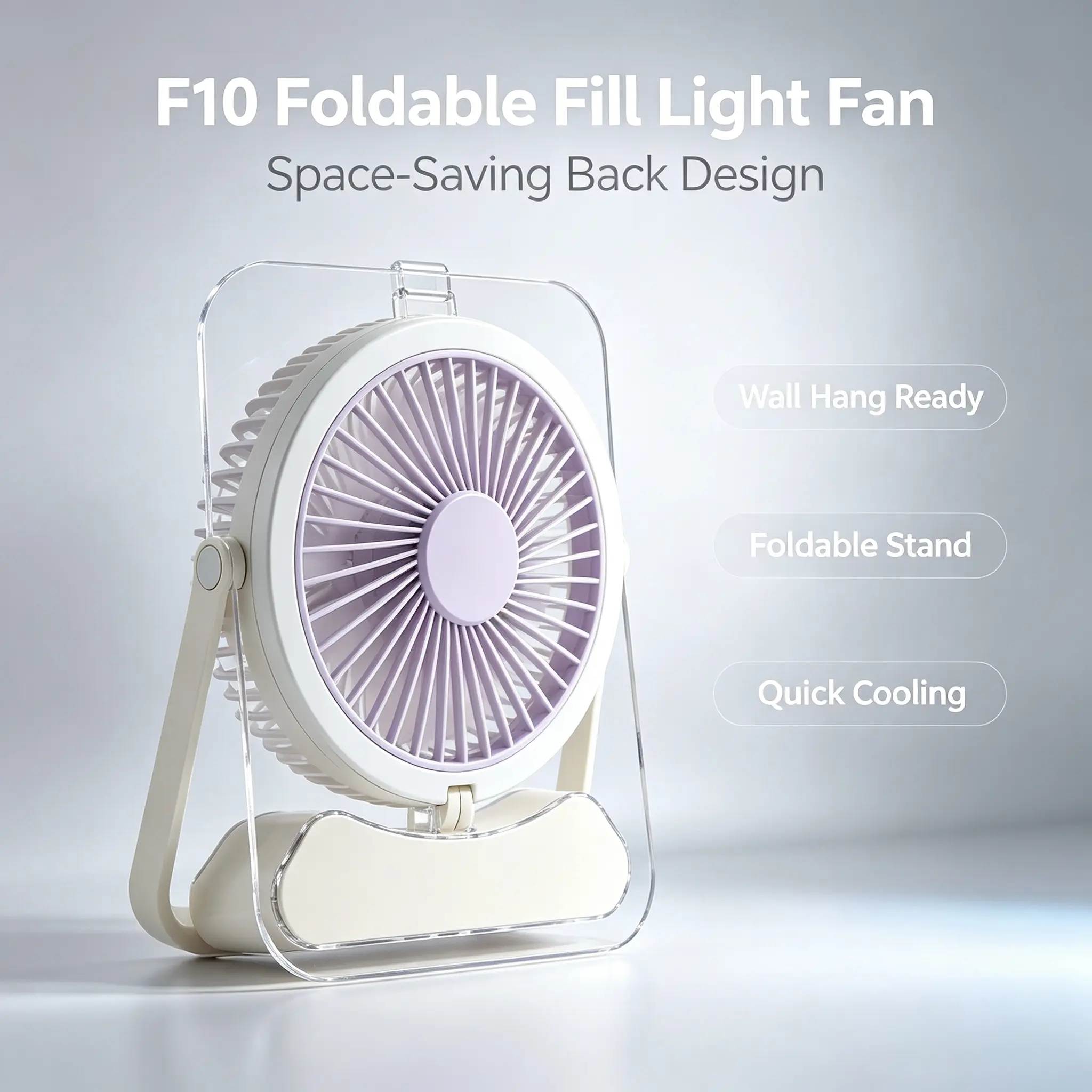 F10 Foldable Fill Light Desk Fan - Rechargeable Portable Wall-Mount Device with LED Night Light, 3-Speed Quiet Cooling for Bedroom, Camping