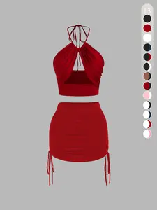 Women's Structured Crop Bandeau Top & Crinkle Mini Skirt Set: Textured Skirt with Solid Color Palette - Effortless Summer Wardrobe Essential for Casual Outings & Coastal Adventures.