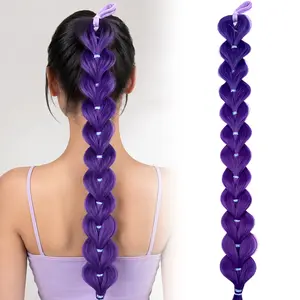 K-Pop Girl Role Play Wig, 26-Inch Braided Hair, Long Yaki Straight Hair, Heat Resistant Puff Ponytail Accessory, Kids Wigs