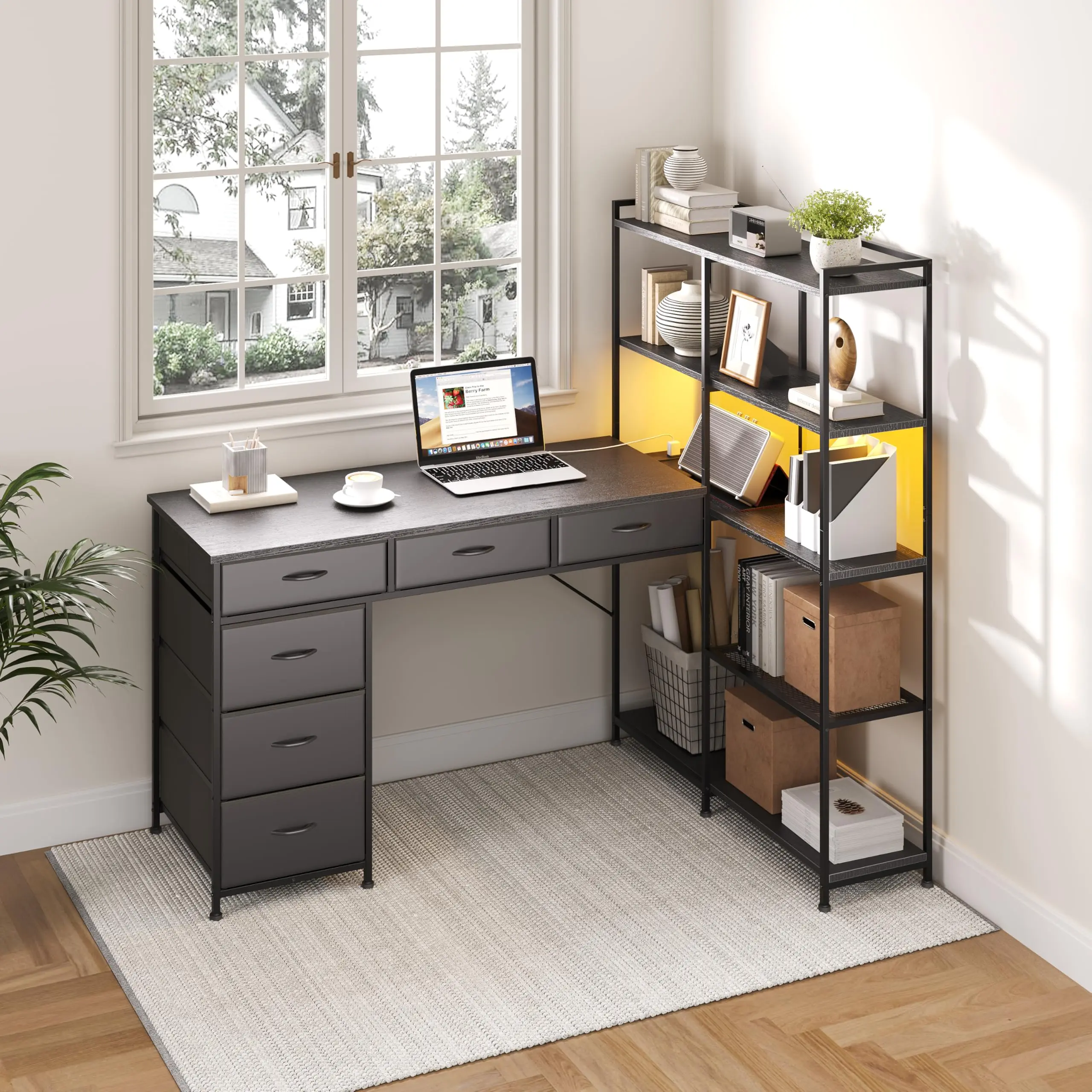 Garvee L Shaped Gaming Computer Desk with Storage Shelves, 6 Fabric Drawers, Corner Gaming Desk with Open Shelves, Home Office PC Table with Power Outlets & LED Lights, 58.3" l*54.3" h