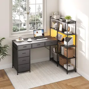 Garvee L Shaped Gaming Computer Desk with Storage Shelves, 6 Fabric Drawers, Corner Gaming Desk with Open Shelves, Home Office PC Table with Power Outlets & LED Lights, 58.3" l*54.3" h