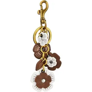 Vintage Leather Floral Keychain – Antique Brass Bag Charm Pendant for Women Handbags