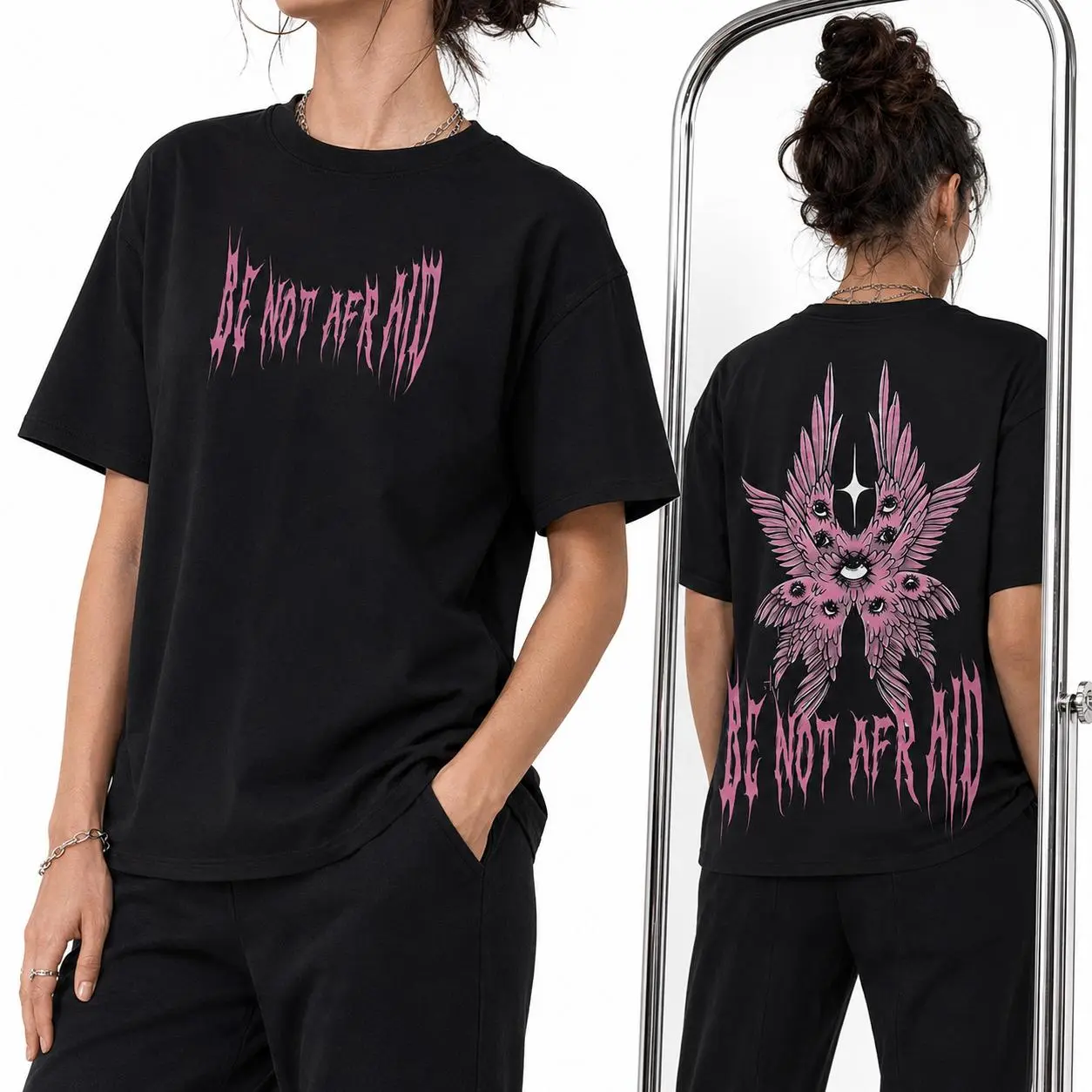 Men’s & Women’s Be Not Afraid Graphic T-Shirt, Double-Sided Angel Eye Print, Oversized Cotton Gothic Tee, Dark Streetwear Top, Vintage Graphic Tees, Trendy Graphic Tees for Women Cute Tops