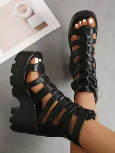 Women's 9.5CM Comfortable Casual Chunky Heel Platform Gladiator Ankle Sandals | Gothic Y2K Punk Style | PU Leather, Cutout Straps, Back Zipper, Non-Slip Sole | For Rave, Festival, Cosplay, Streetwear