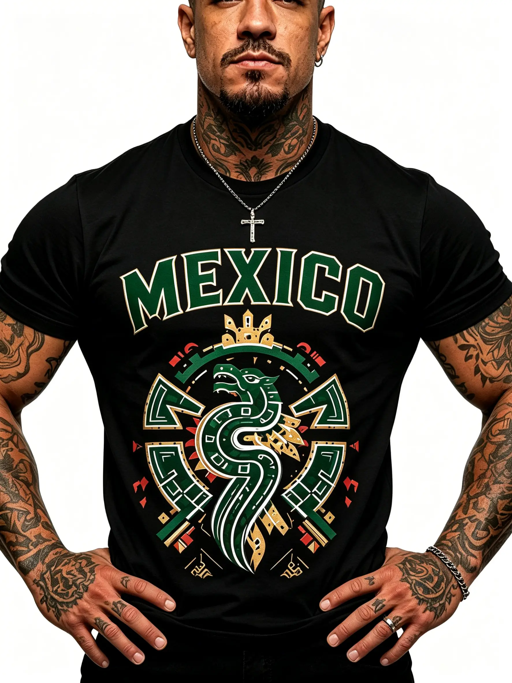 Chicano Heritage Green Gold Quetzalcoatl Mexican Culture Mens Tee Celebrate Latino Aztec Civilization Mexico Serpent Symbol Print Top
