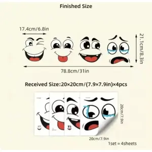 4pcs Cartoon Face Sticker, Self-adhesive, Plastic Surface Compatible, One-time Use, Suitable for Trash Can, Wall, Toilet, Refrigerator, Bright Face, Interesting Theme Decoration, Cartoon Joyful Face Toiet Lid Decoration, Colorful, Bathroom Decor Supplies