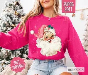 Coquette Pink Santa Christmas Sweatshirt, Merry Christmas Sweater, Women's Holiday Crewneck funny santa