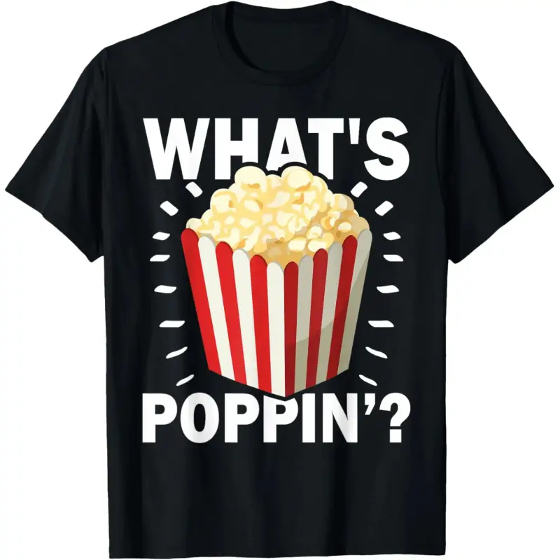 Cotton Graphic Short-Sleeve Casual Round Neck T-Shirt, Streetwear Top for Popcorn Lovers with "What's Poppin?" Cinema Snack Design, Shortsleeve, Tshirt, Sporty Chic, Breathable Fabric, Soft Cotton, Popcorn Print