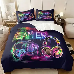 2/3pcs Neon Gamer Duvet Cover Set, Cool Gaming Comforter Cover, Soft Microfiber Bedding Set, Video Game Controller Headset Printed Bed Set for Teen Boys Bedroom & Dorm