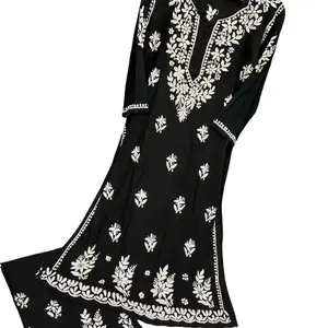 Lucknow Chikankari Handwork 3pcs Sets Sizes 36 Kurti & Plazzo Elegant Design Pure Rayon Fabric Suits Comfort Pants Clothes Lucknow Casual Womenswear Premium Fine Chikankari Work Sets - Summer, Dress
