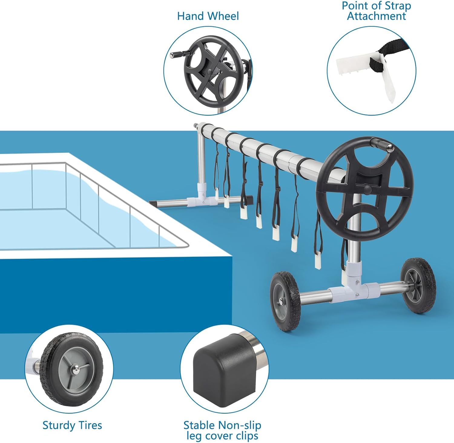 VINGLI 18 Feet Solar Cover Reel Set for Inground Swimming Pool - Aluminum Blanket Reel (18ft)
