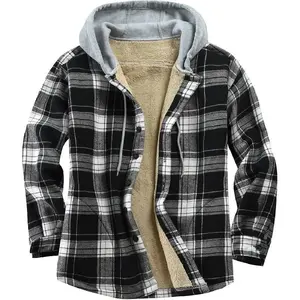 Men's Cotton Plaid Shirts Jacket Fleece Lined Flannel Shirts Sherpa Button Down Jackets with Hood for Men