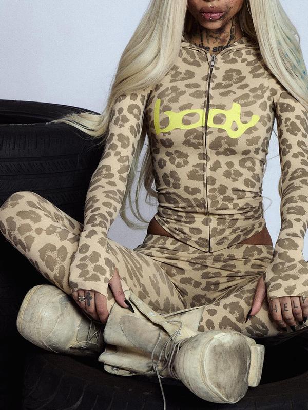 Women's Fall Sporty Hooded Long Sleeve Slim Fit Pants Set, Casual Two-Piece for Ladies, Animal Pattern Sportswear